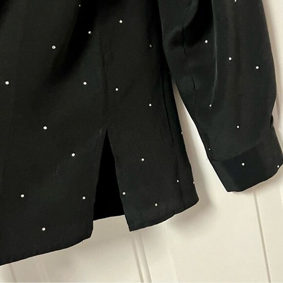 VTG 90s Quaker Factory Black Silk Crystal Soarkle Dot Popover Button Up Tunic S - Picture 10 of 11